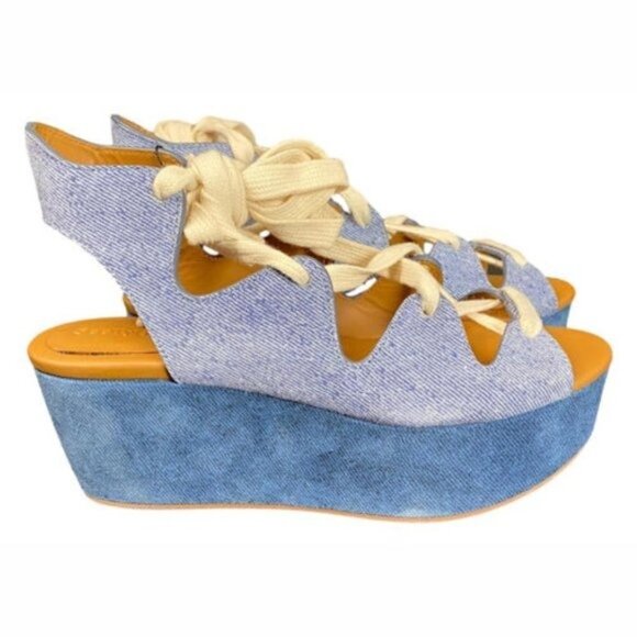 See By Chloé Denim Lace-Up Platform Sandals Size 37 / 6.5 NIB Edna Style - Picture 3 of 5